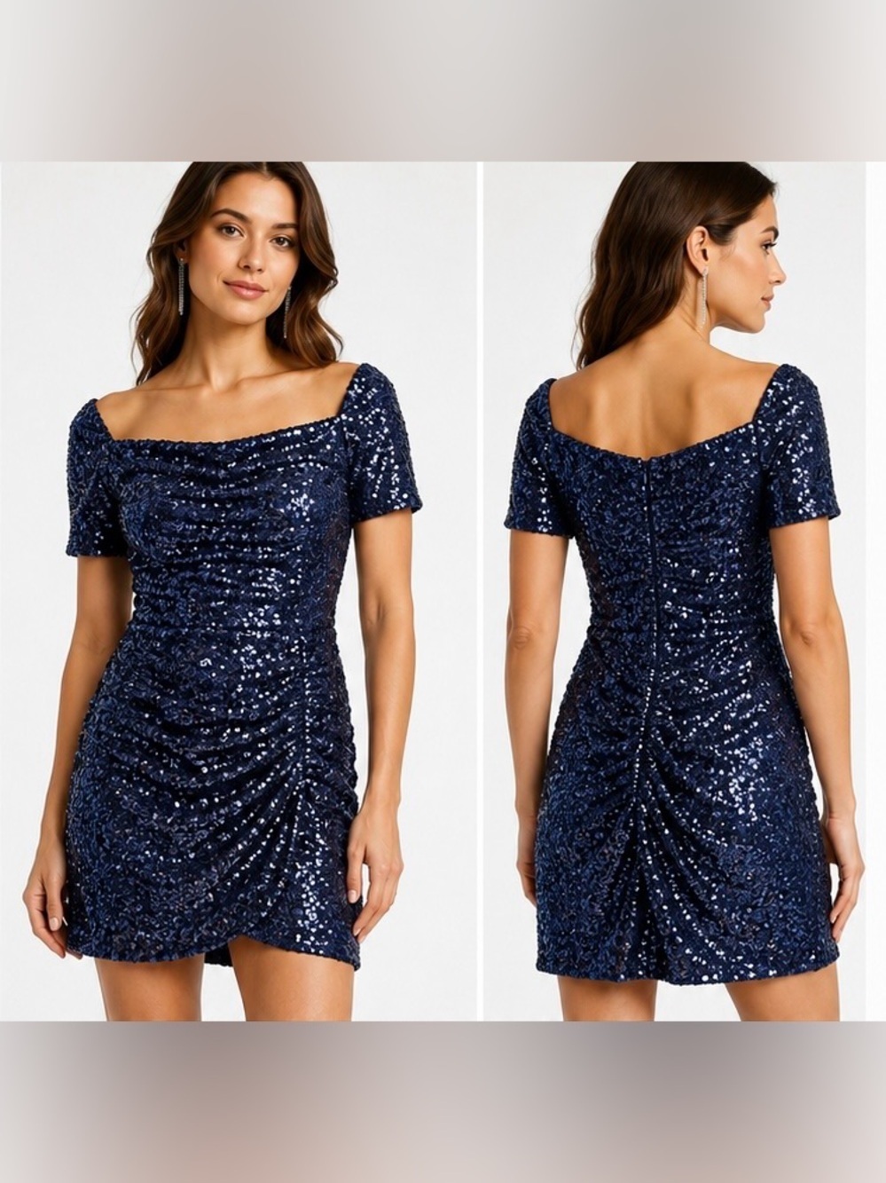 NWT Badgley Mischka Collection Sequin
Off the Shoulder Ruched Mini Dress
Size 8